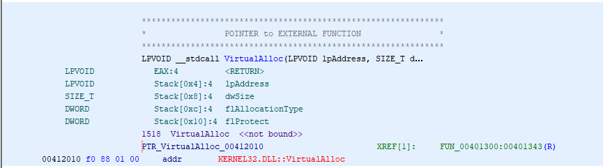 Ghidra showing XREFs to VirtualAlloc all originating from FUN_00401300