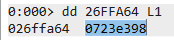 WinDbg dd command dereferencing pointer at 26FFA64 to get address 0723e398