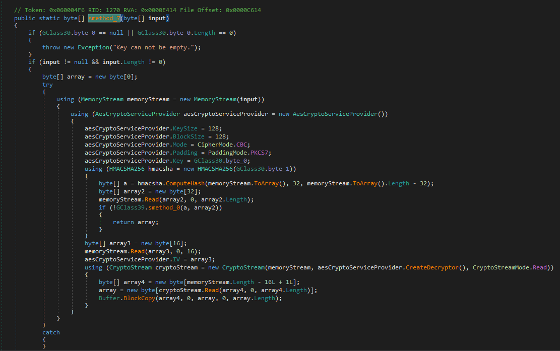 DNSpy showing smethod_0 decryption method called on all configuration strings