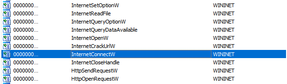 IDA Pro imports view showing WININET functions including InternetConnectW and HttpOpenRequestW