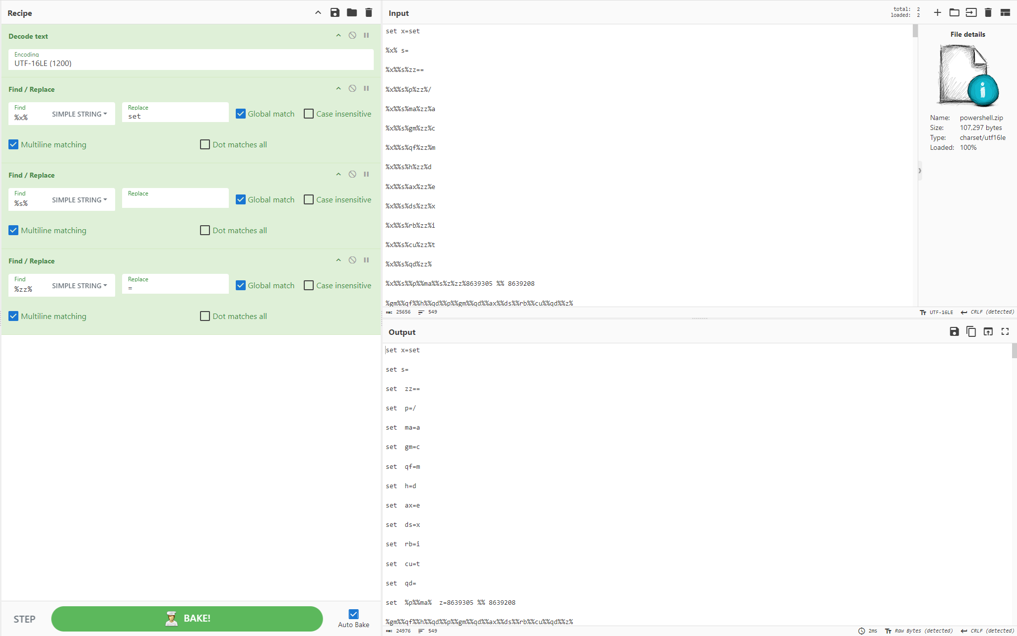 cleaned batch script showing deobfuscated variable concatenation structure