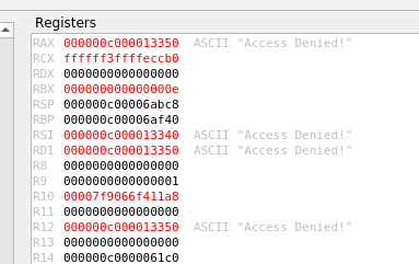 EDB debugger showing Access Denied string in register values at 0x4f7a76