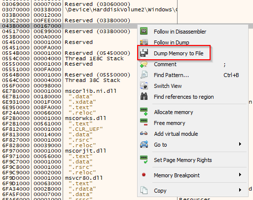 x32dbg dump memory dialog saving the extracted PE to disk