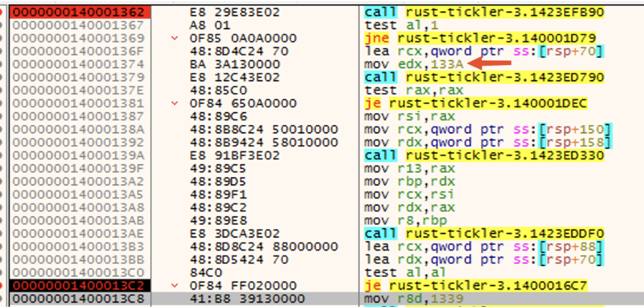 x64dbg disassembly showing memcmp comparing user input against result of HNTS ID 133A