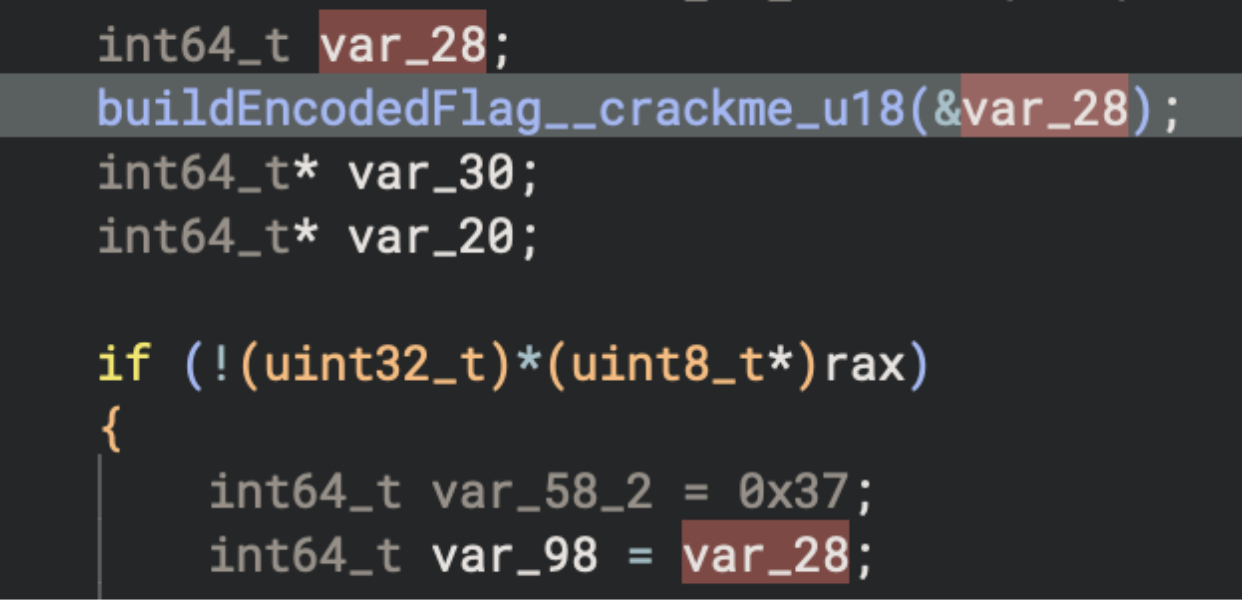 IDA Pro showing byte-by-byte construction of the encoded flag stored in var_28