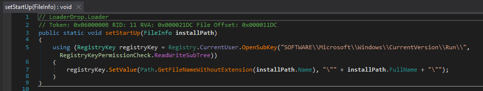 DNSpy showing registry run key persistence code in the loader