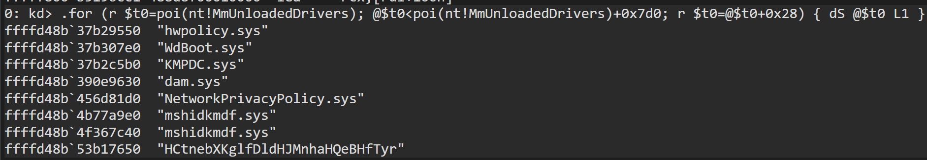 MmUnloadedDrivers list populated with randomly generated driver names to evade blacklist matching